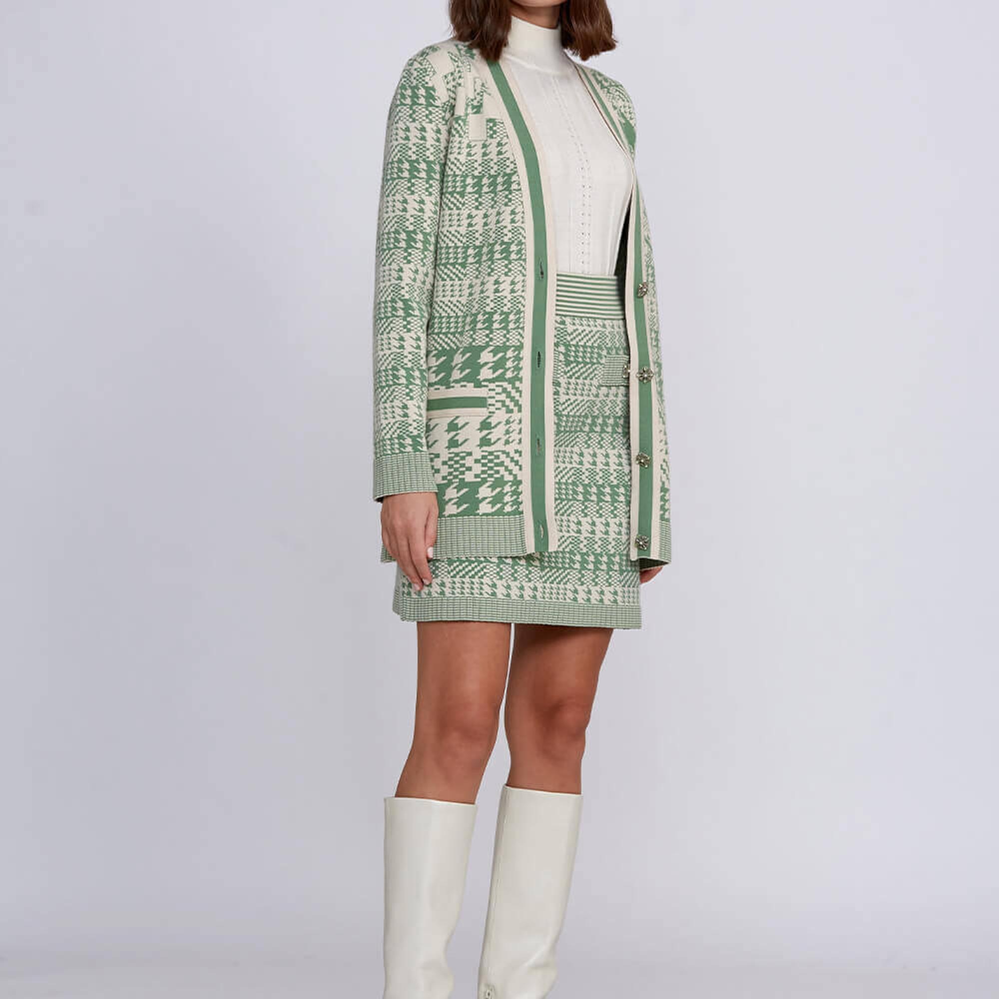 Knitss Geometrik Kaz Ayağı Desenli Yeşil Krem Triko Hırka