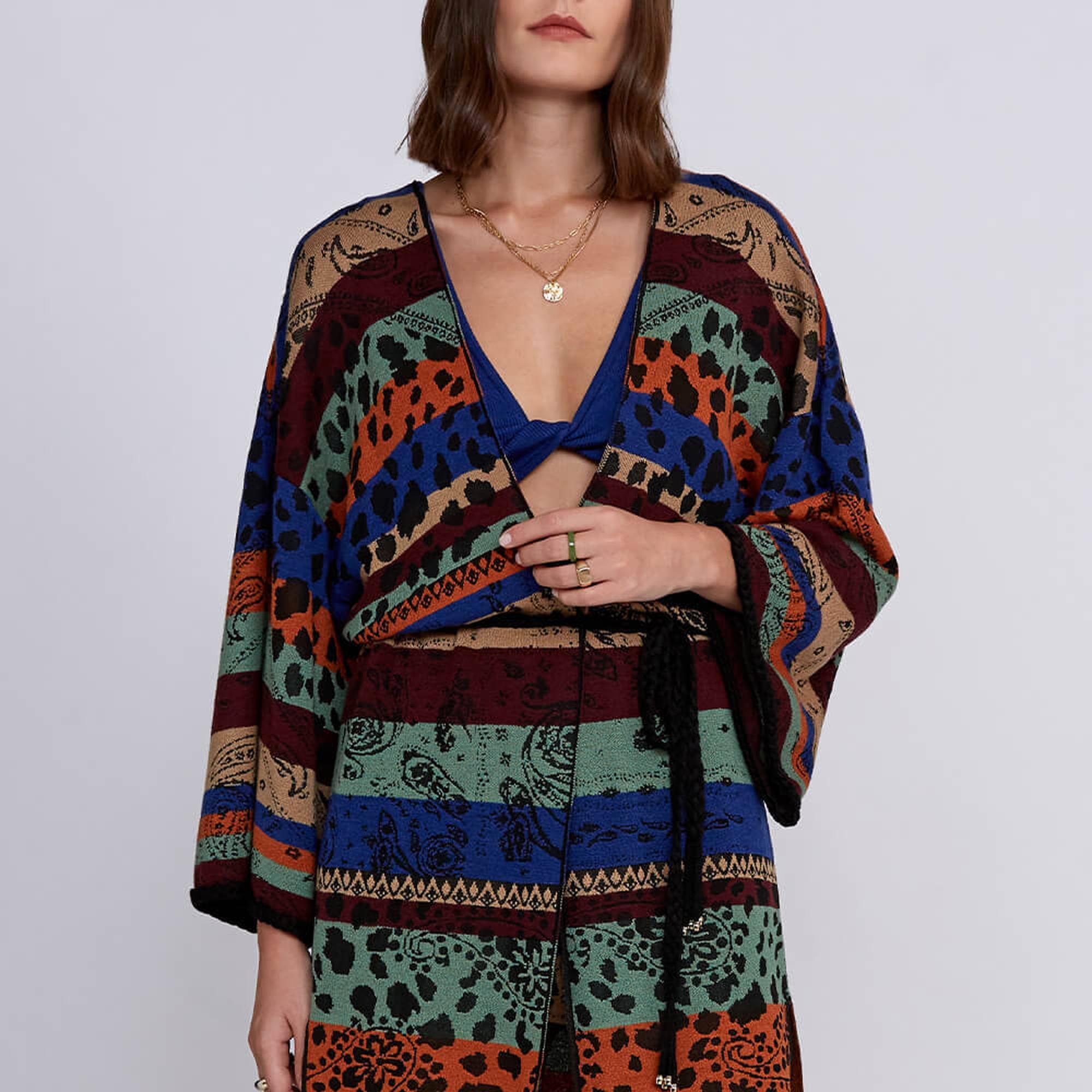 Knitss Desenli Merino Yün Karışımlı Triko Kimono