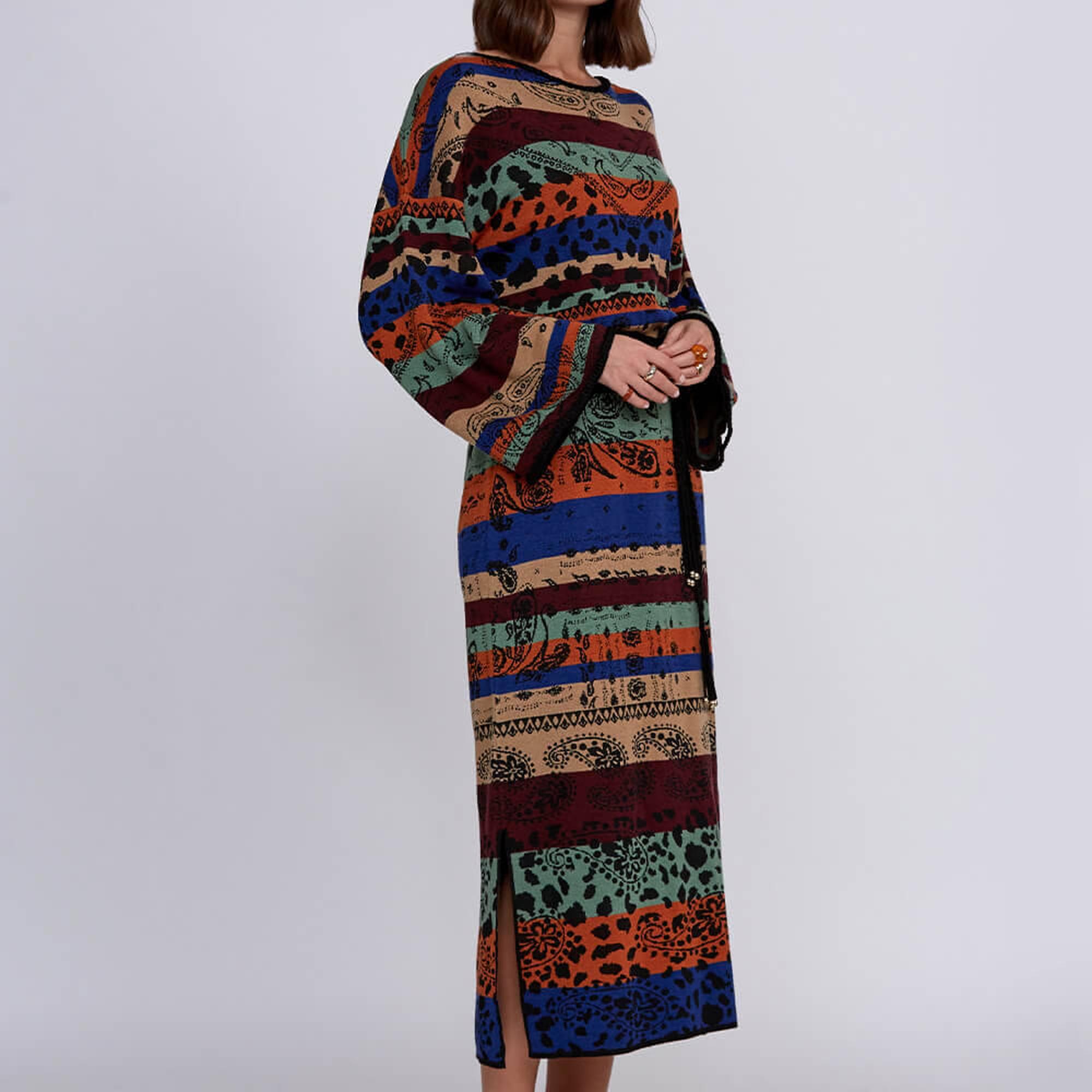 Knitss Desenli Merino Yün Karışımlı Uzun Triko Elbise