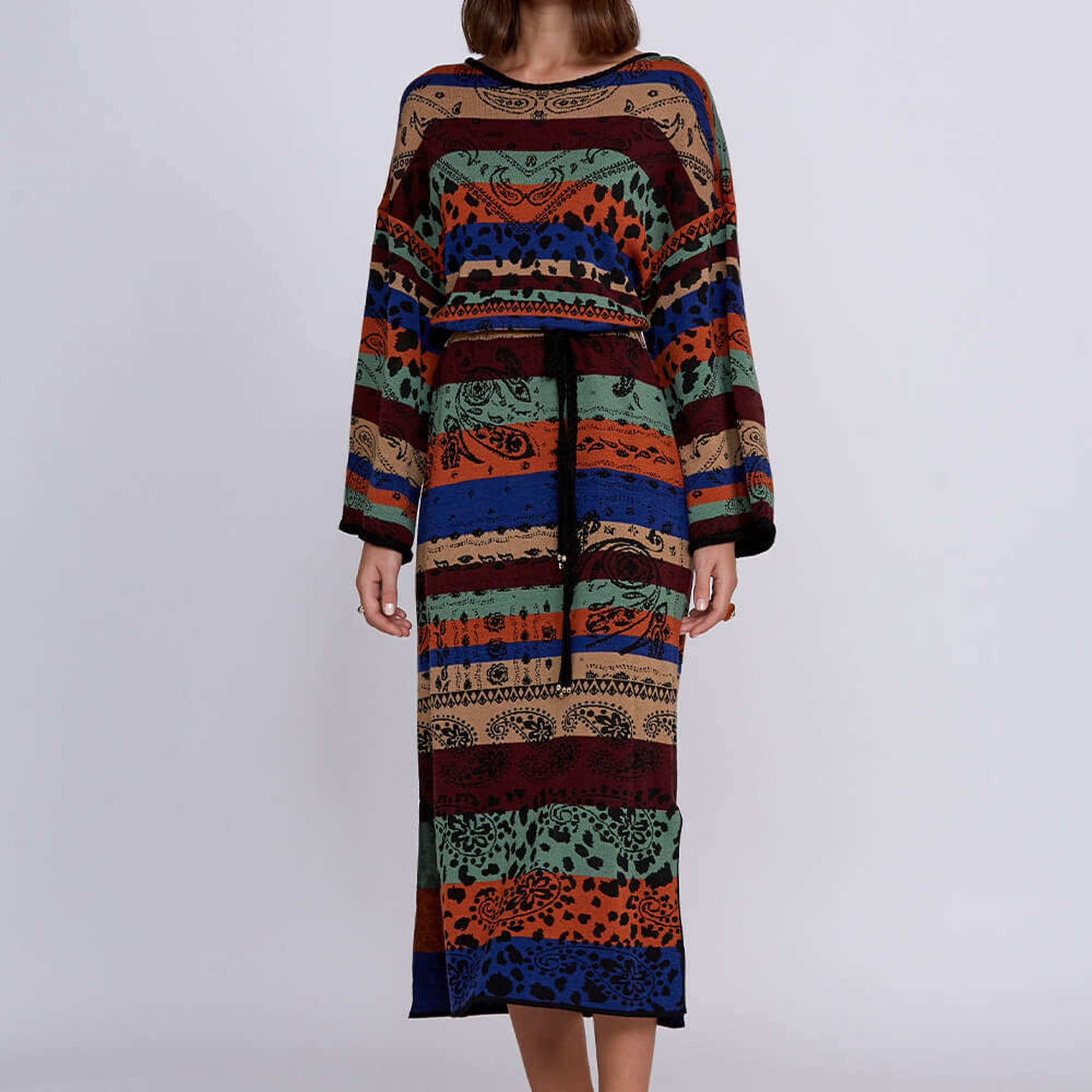 Knitss Desenli Merino Yün Karışımlı Uzun Triko Elbise