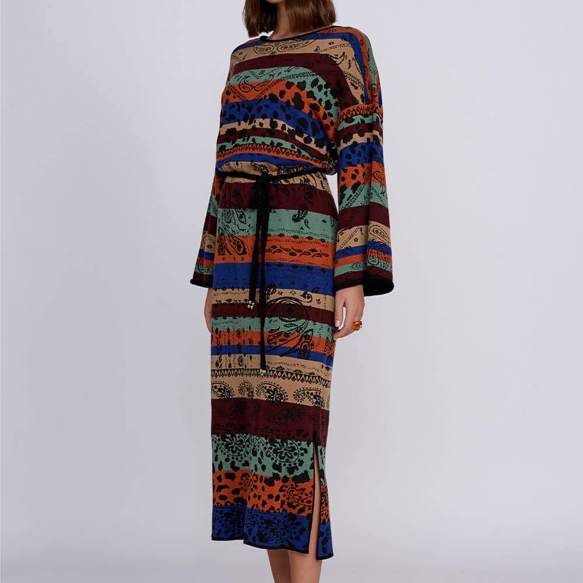 Knitss Desenli Merino Yün Karışımlı Uzun Triko Elbise