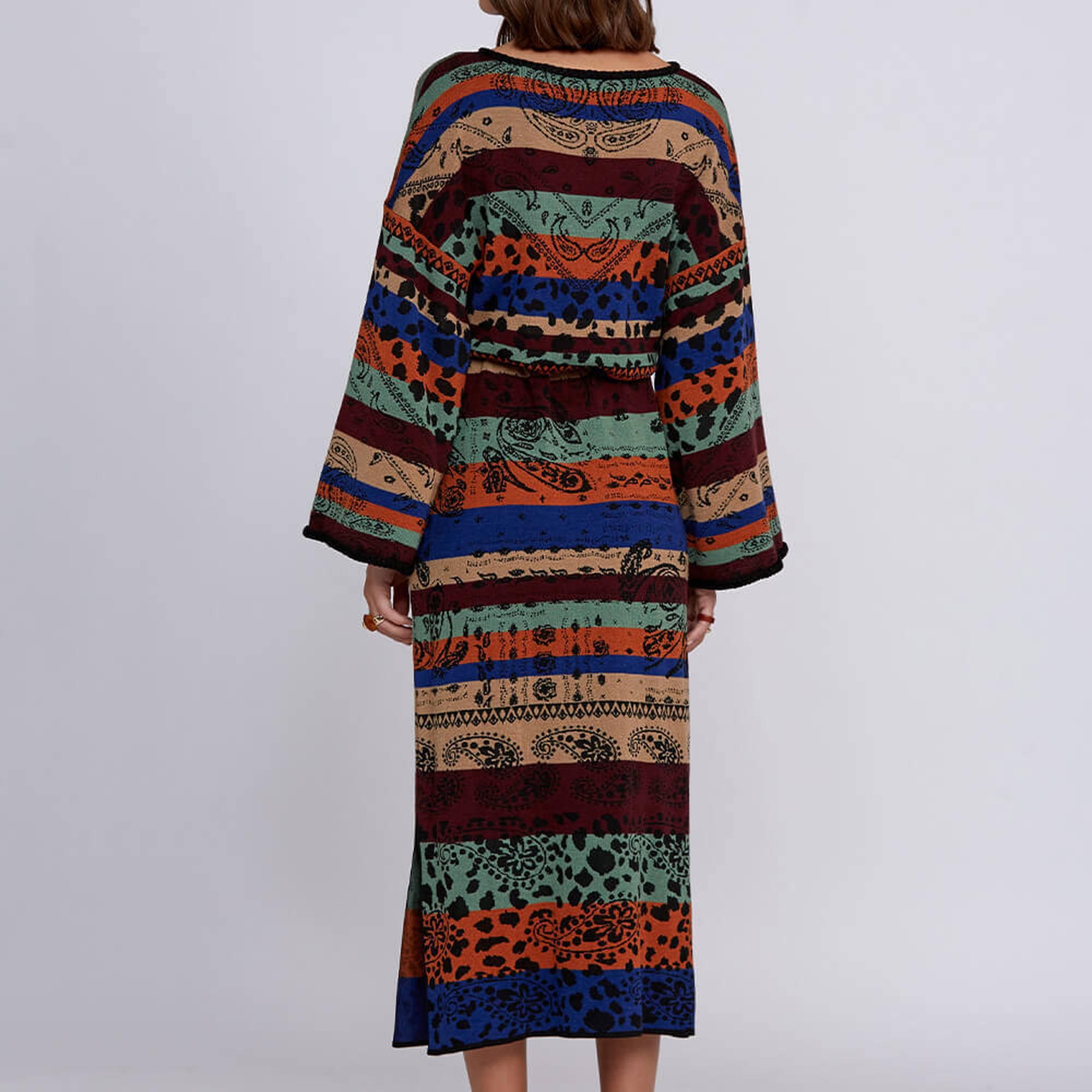 Knitss Desenli Merino Yün Karışımlı Uzun Triko Elbise