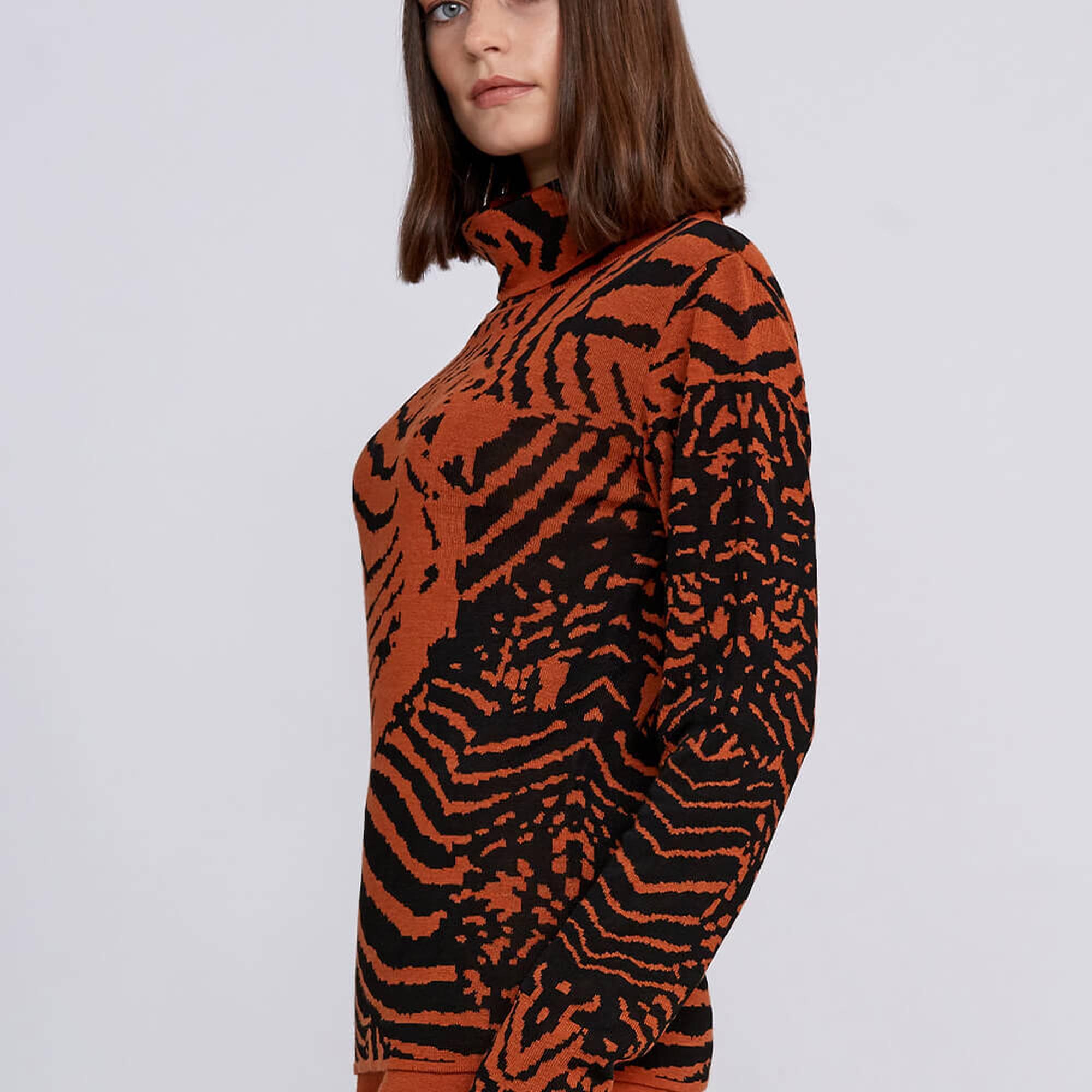 Knitss İntarsia Jakar Desenli Turuncu Siyah Triko