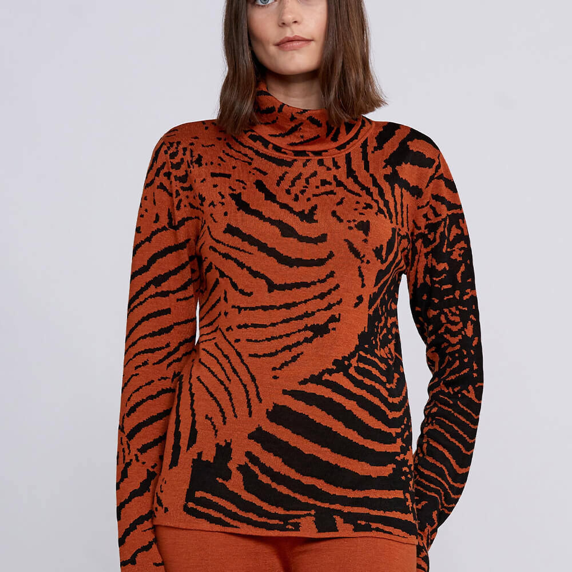 Knitss İntarsia Jakar Desenli Turuncu Siyah Triko