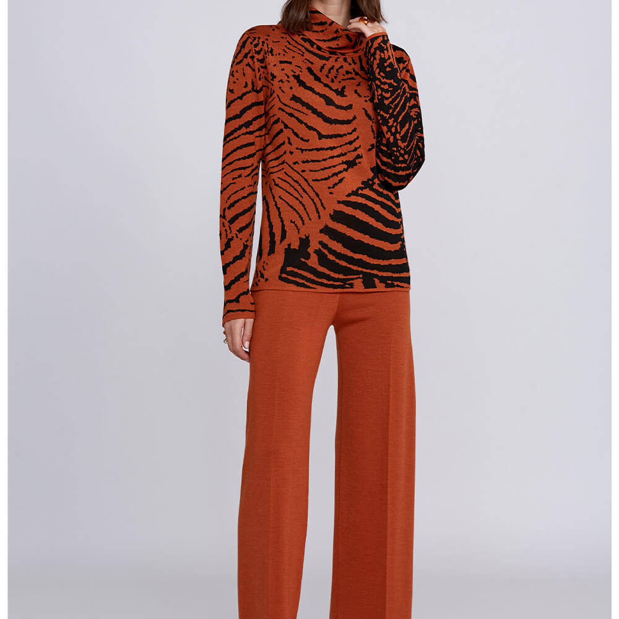 Knitss İntarsia Jakar Desenli Turuncu Siyah Triko