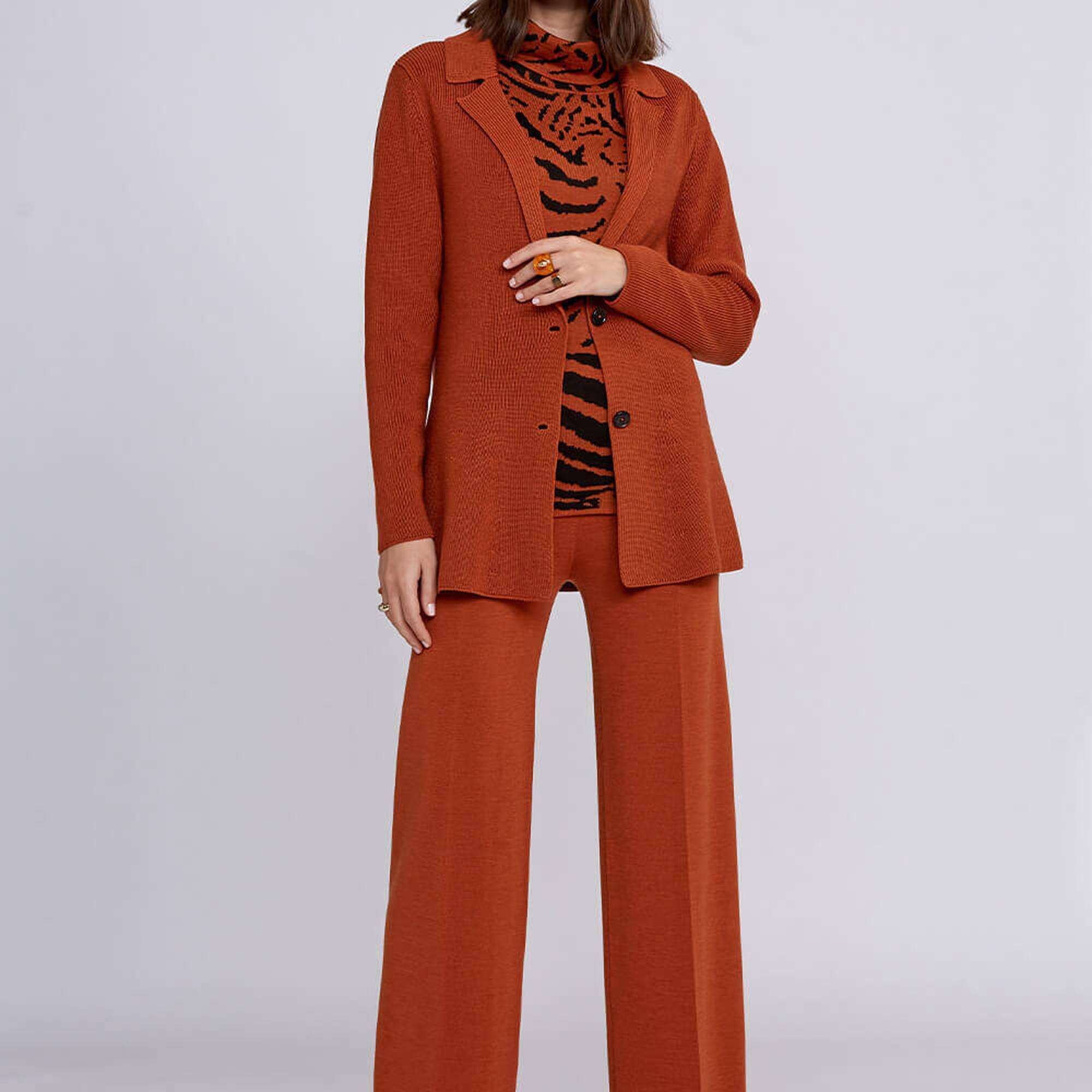 Knitss İntarsia Jakar Desenli Turuncu Siyah Triko