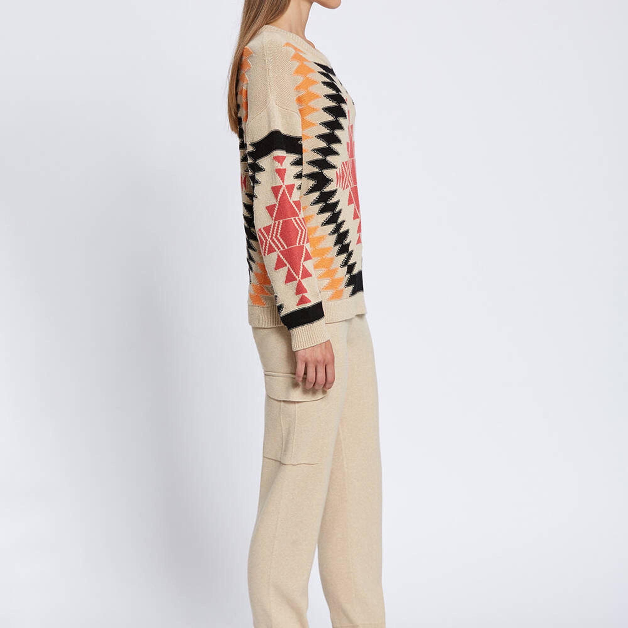 Knitss Etnik Desenli İntersia Bej Siyah Triko