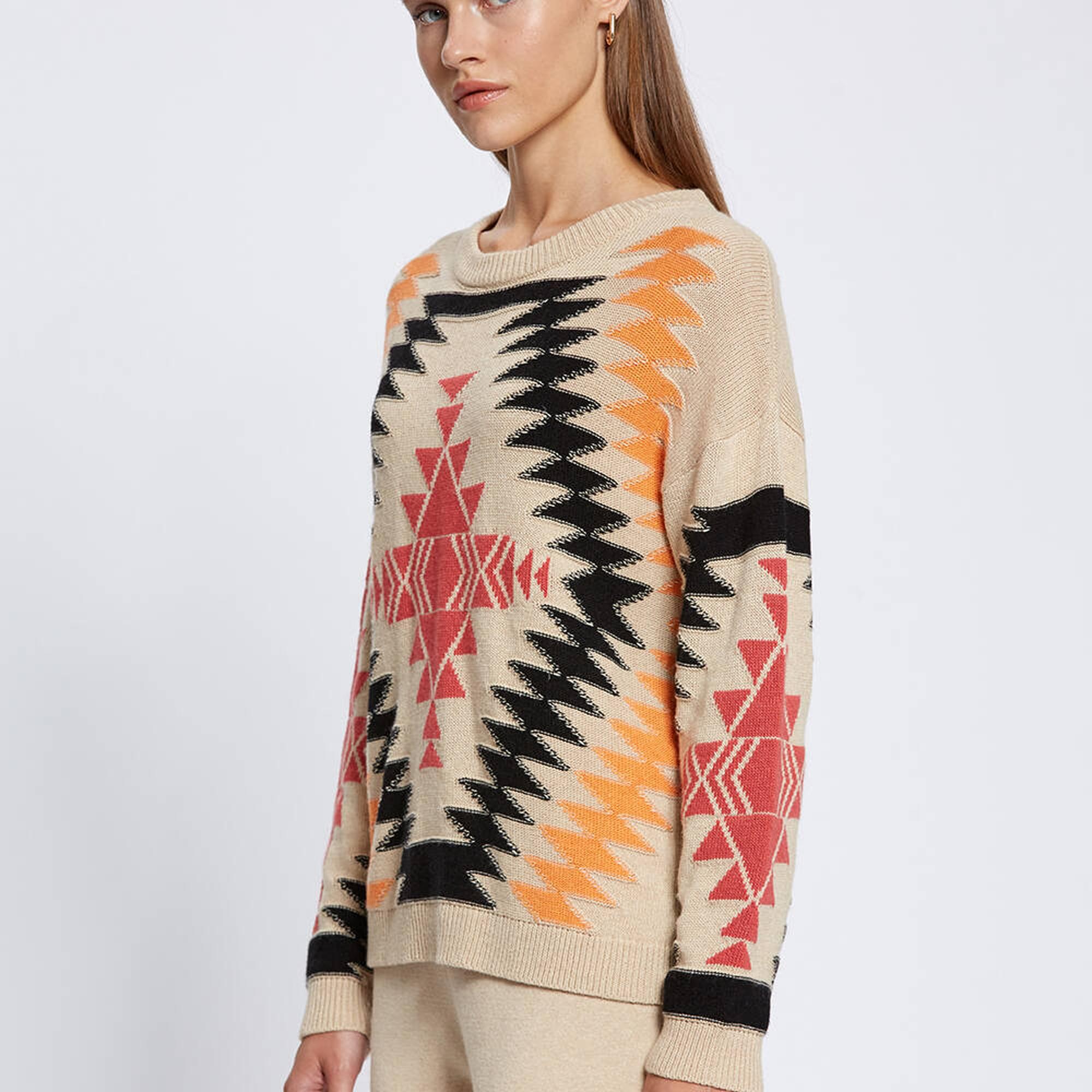 Knitss Etnik Desenli İntersia Bej Siyah Triko