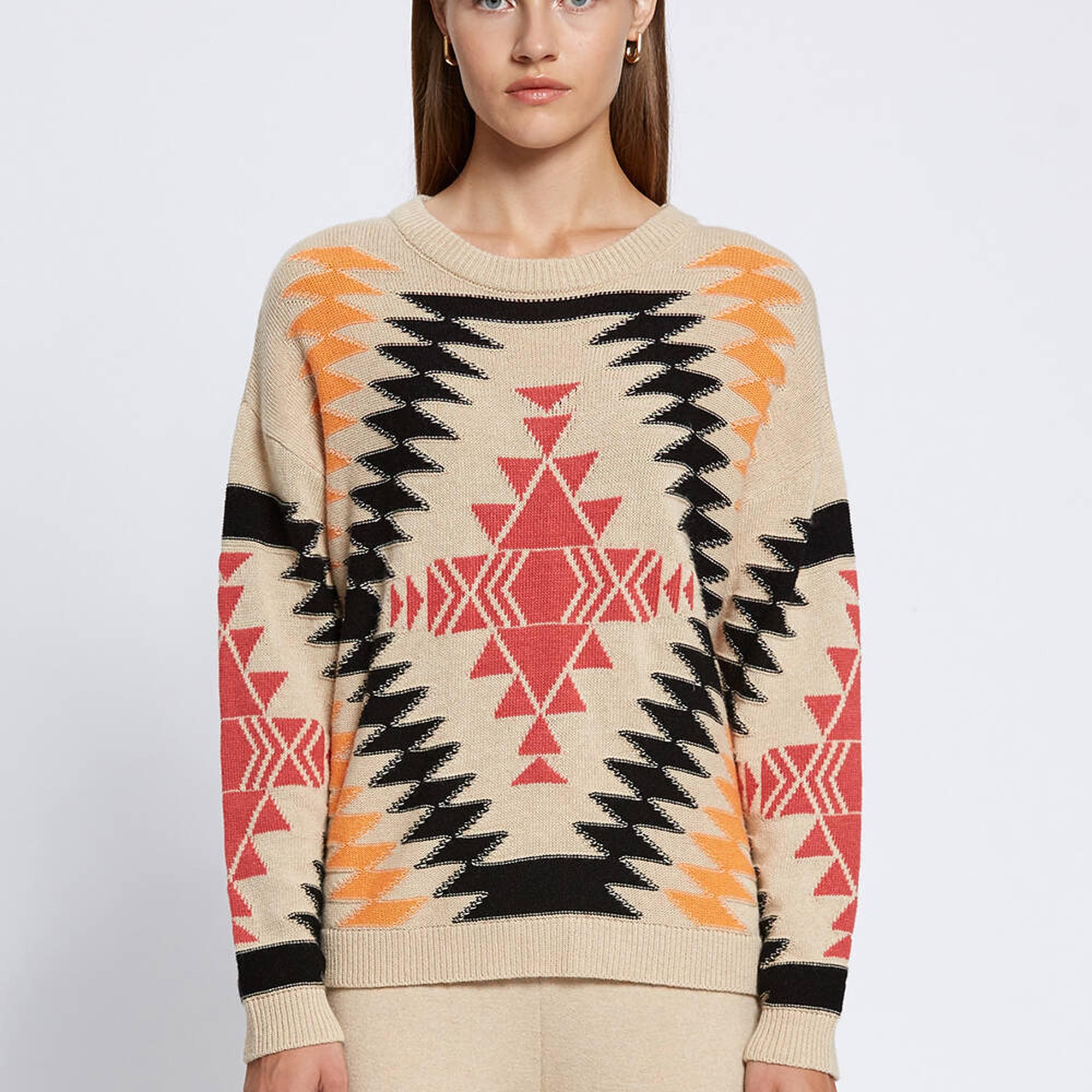 Knitss Etnik Desenli İntersia Bej Siyah Triko