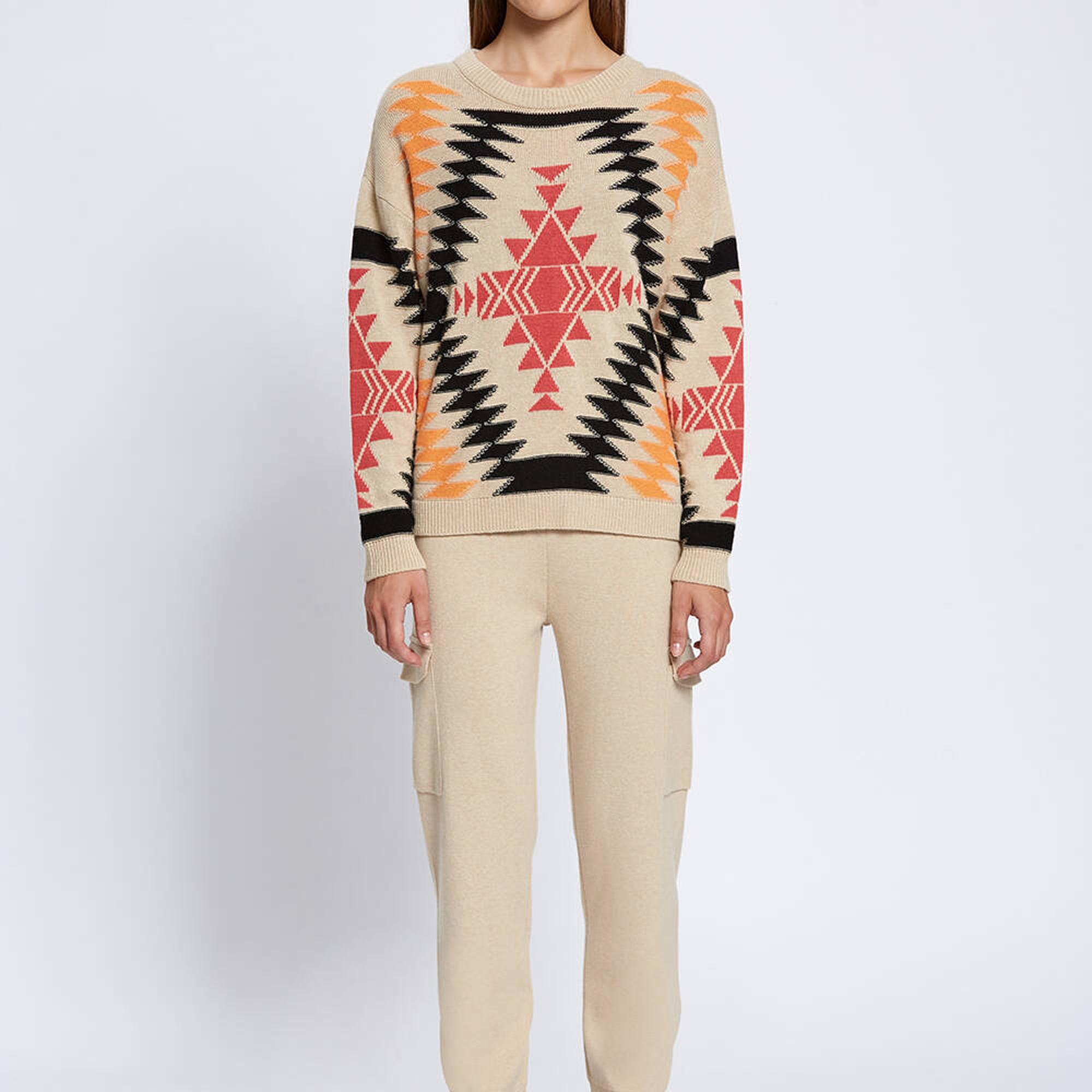 Knitss Etnik Desenli İntersia Bej Siyah Triko