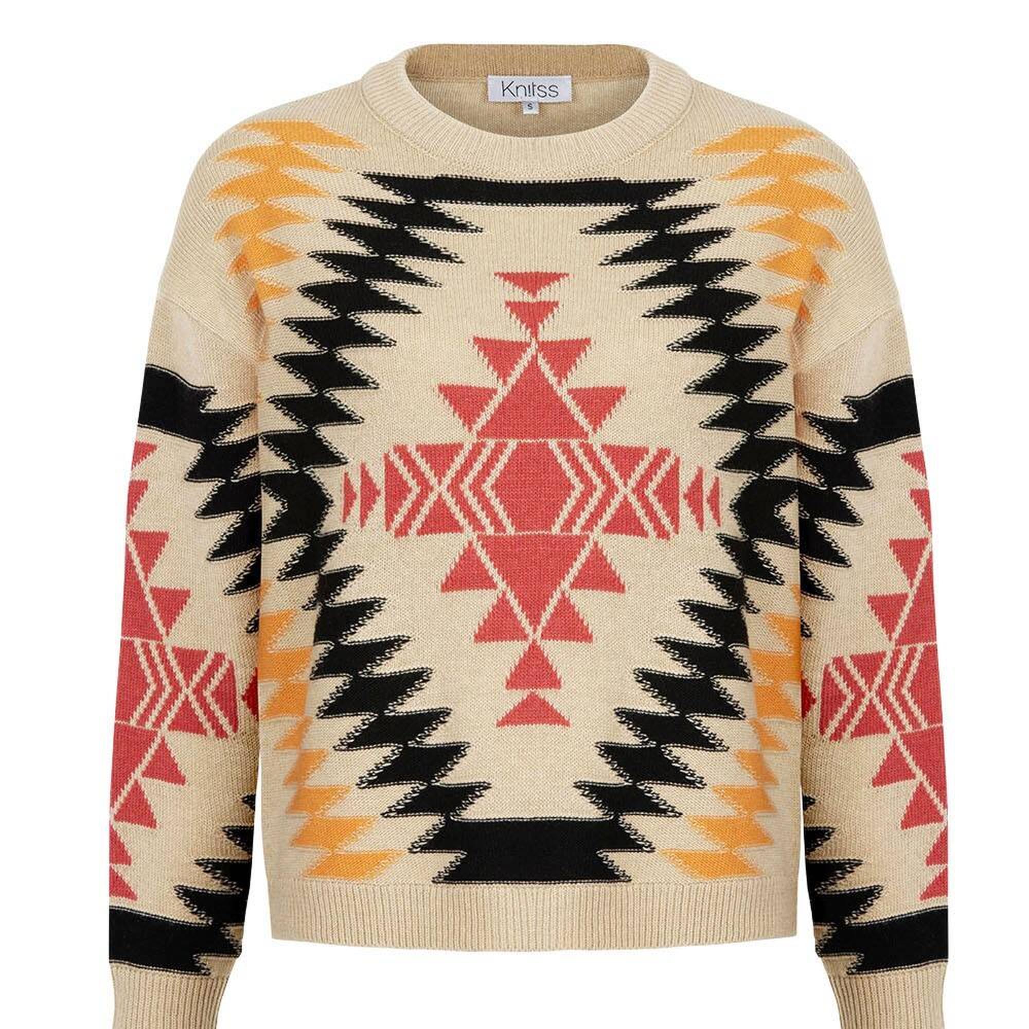 Knitss Etnik Desenli İntersia Bej Siyah Triko