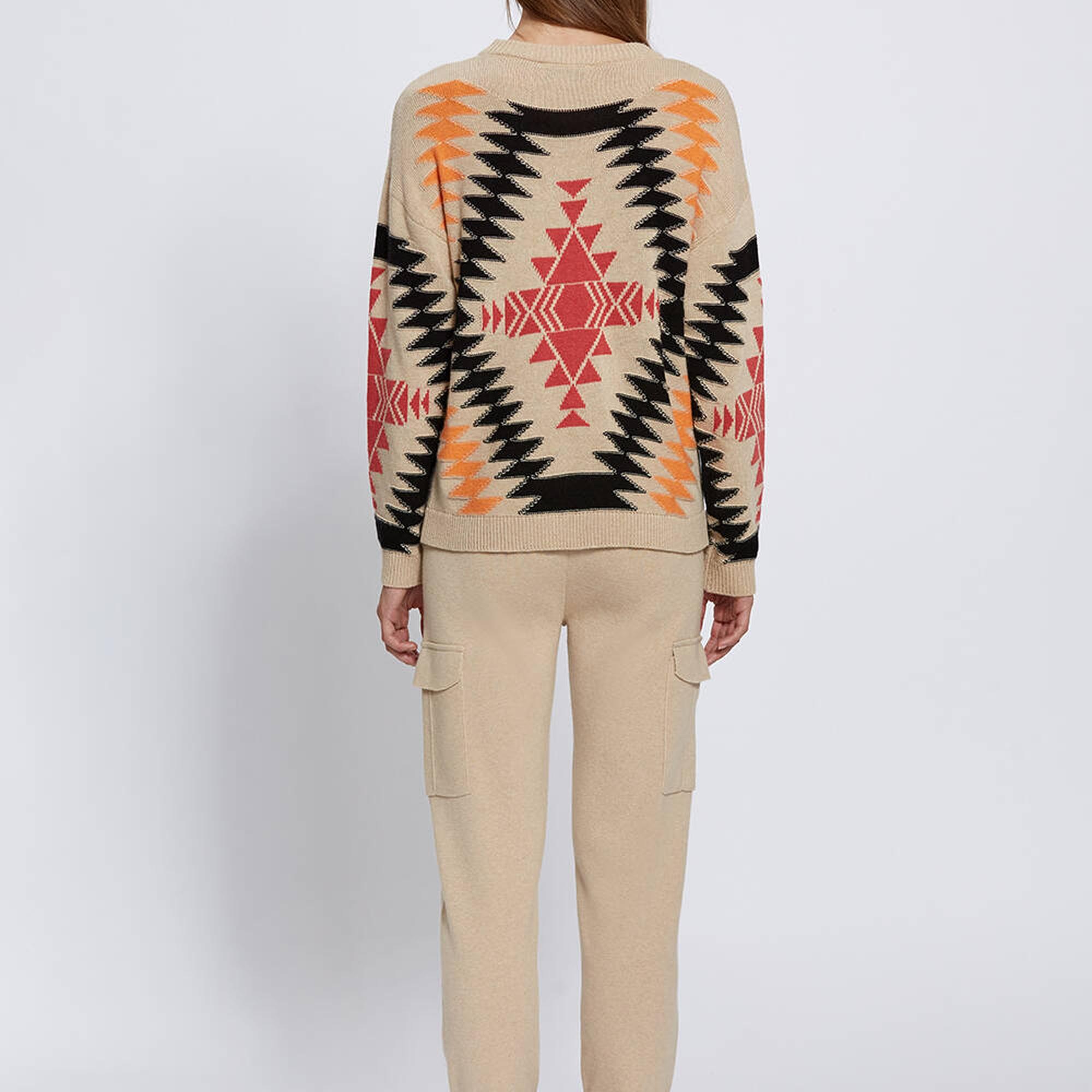 Knitss Etnik Desenli İntersia Bej Siyah Triko