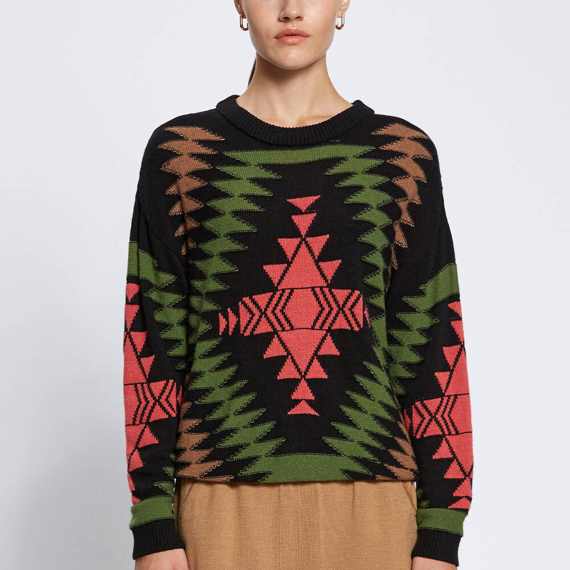 Knitss Etnik Desenli İntersia Siyah Yeşil Triko