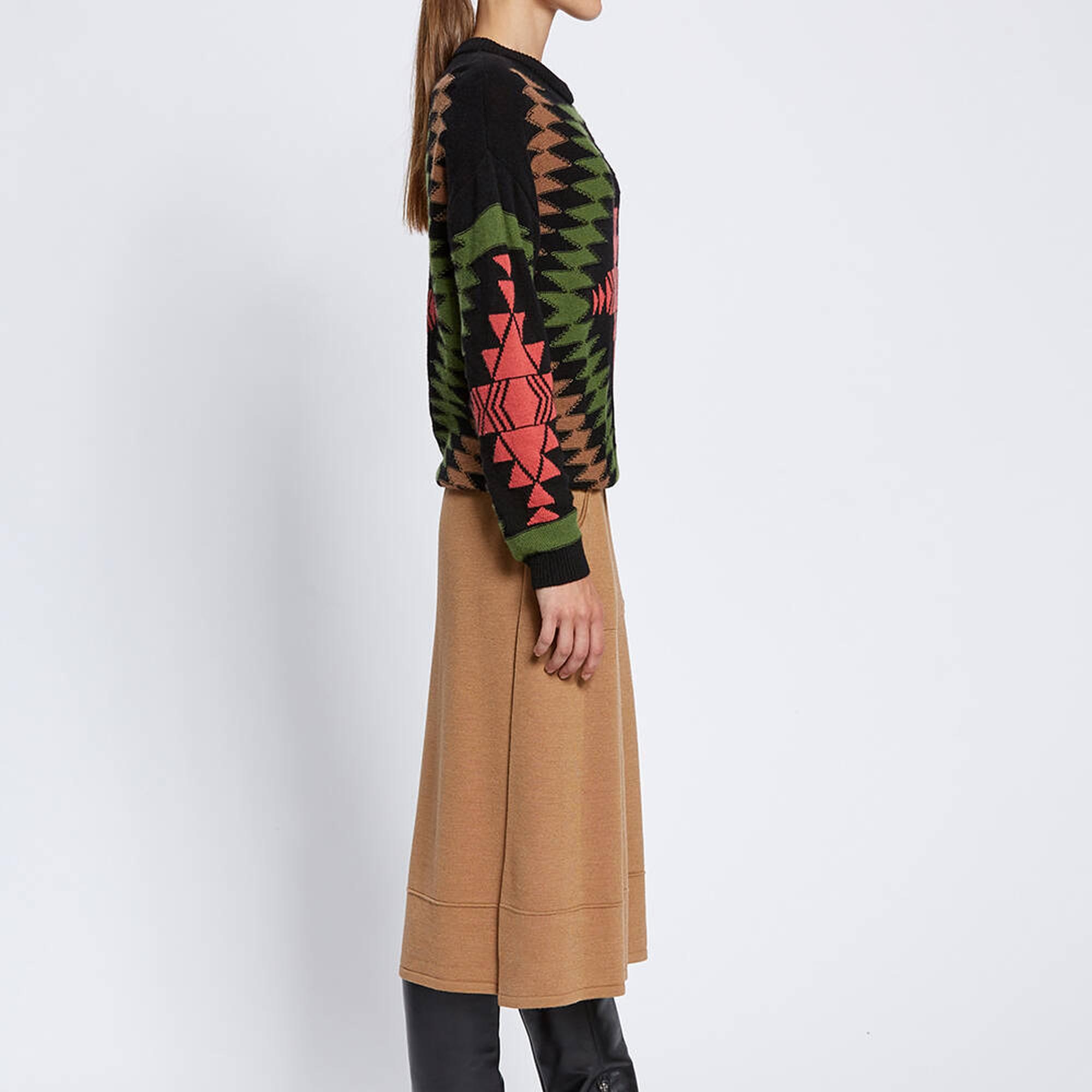 Knitss Etnik Desenli İntersia Siyah Yeşil Triko