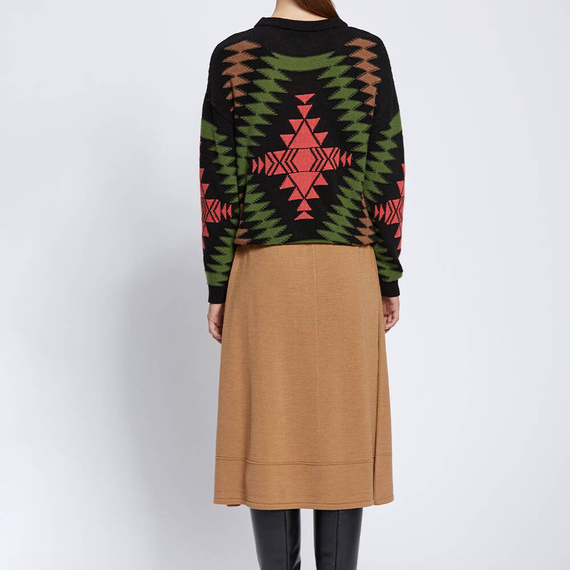 Knitss Etnik Desenli İntersia Siyah Yeşil Triko