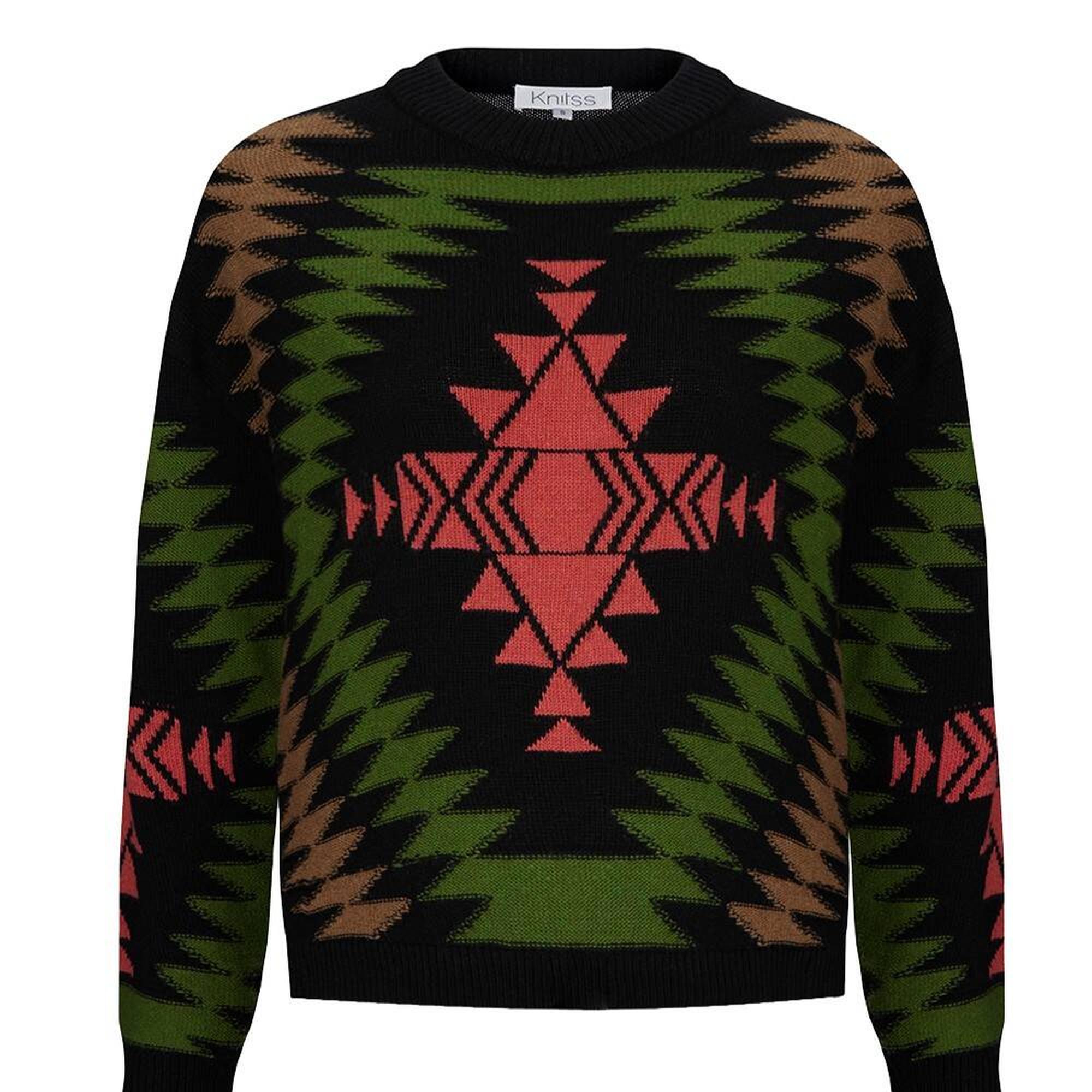 Knitss Etnik Desenli İntersia Siyah Yeşil Triko