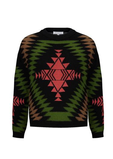  Knitss Etnik Desenli İntersia Siyah Yeşil Triko