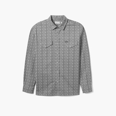  Erkek Relaxed Fit Desenli Gri Gömlek