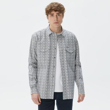  Erkek Relaxed Fit Desenli Gri Gömlek