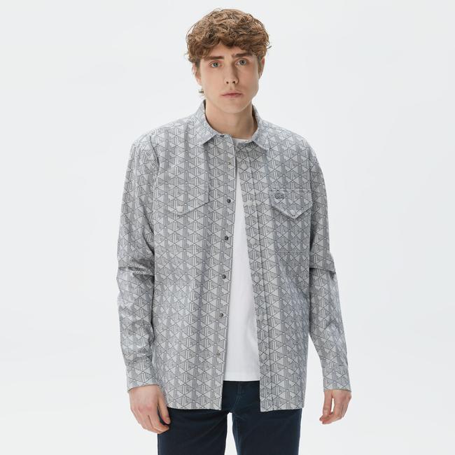  Erkek Relaxed Fit Desenli Gri Gömlek