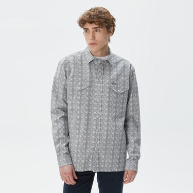  Erkek Relaxed Fit Desenli Gri Gömlek