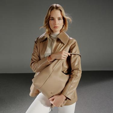  Caralynn Bej Kadın Kürk Yakalı Deri Mont