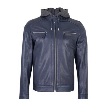  Analu Mavi Erkek Kapüşonlu Deri Mont