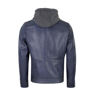  Analu Mavi Erkek Kapüşonlu Deri Mont