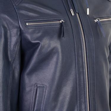  Analu Mavi Erkek Kapüşonlu Deri Mont