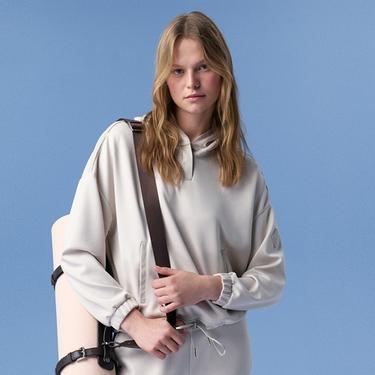  Amari Bej Kadın Deri Detaylı Kapüşonlu Sweatshirt