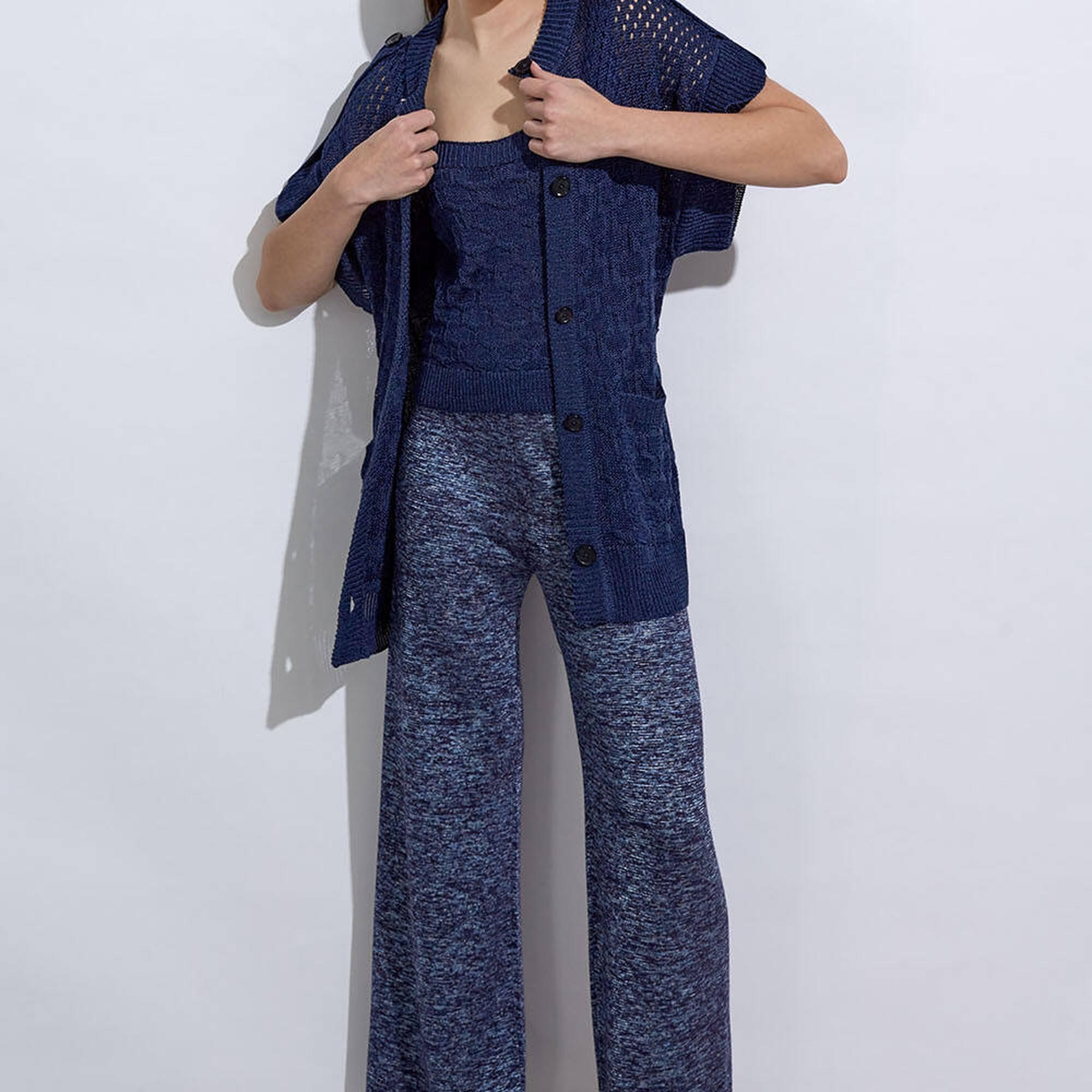 Knitss Örgü Detaylı Keten Lacivert Triko Hırka