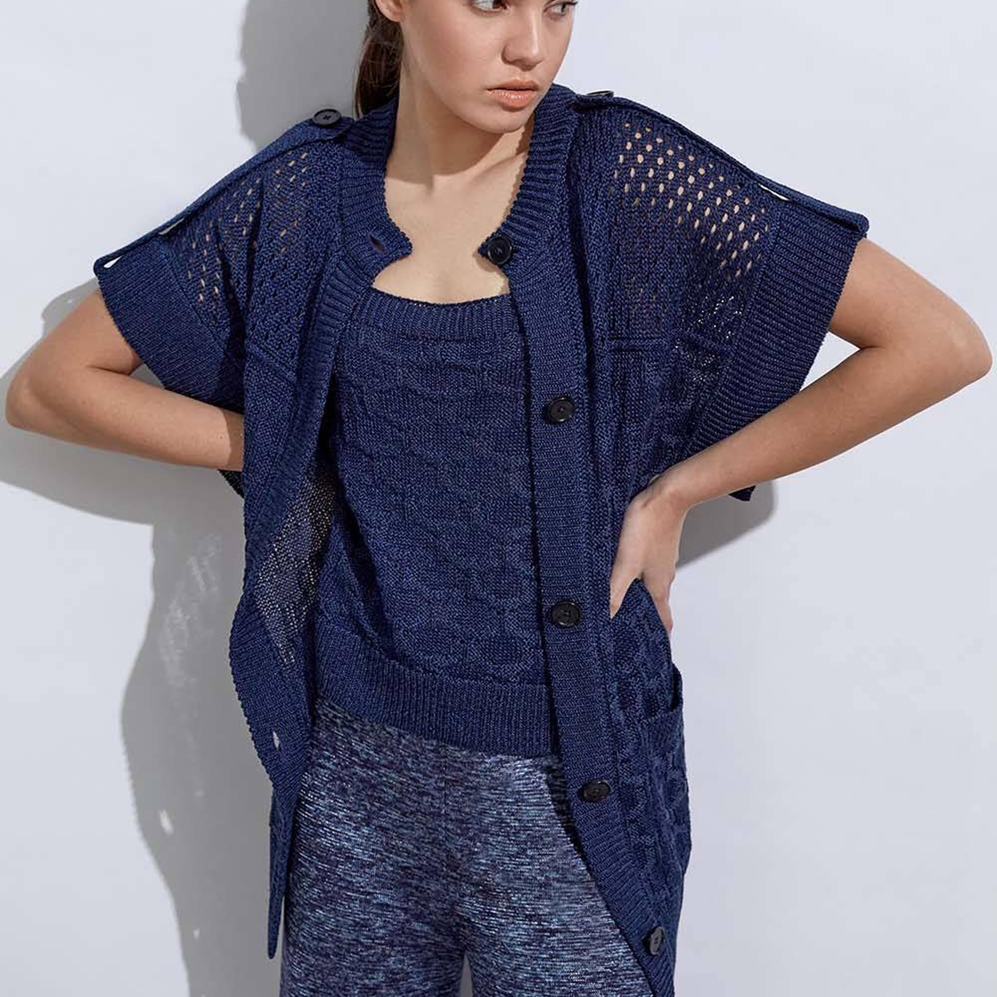 Knitss Örgü Detaylı Keten Lacivert Triko Hırka