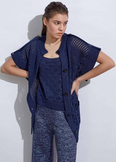  Knitss Örgü Detaylı Keten Lacivert Triko Hırka