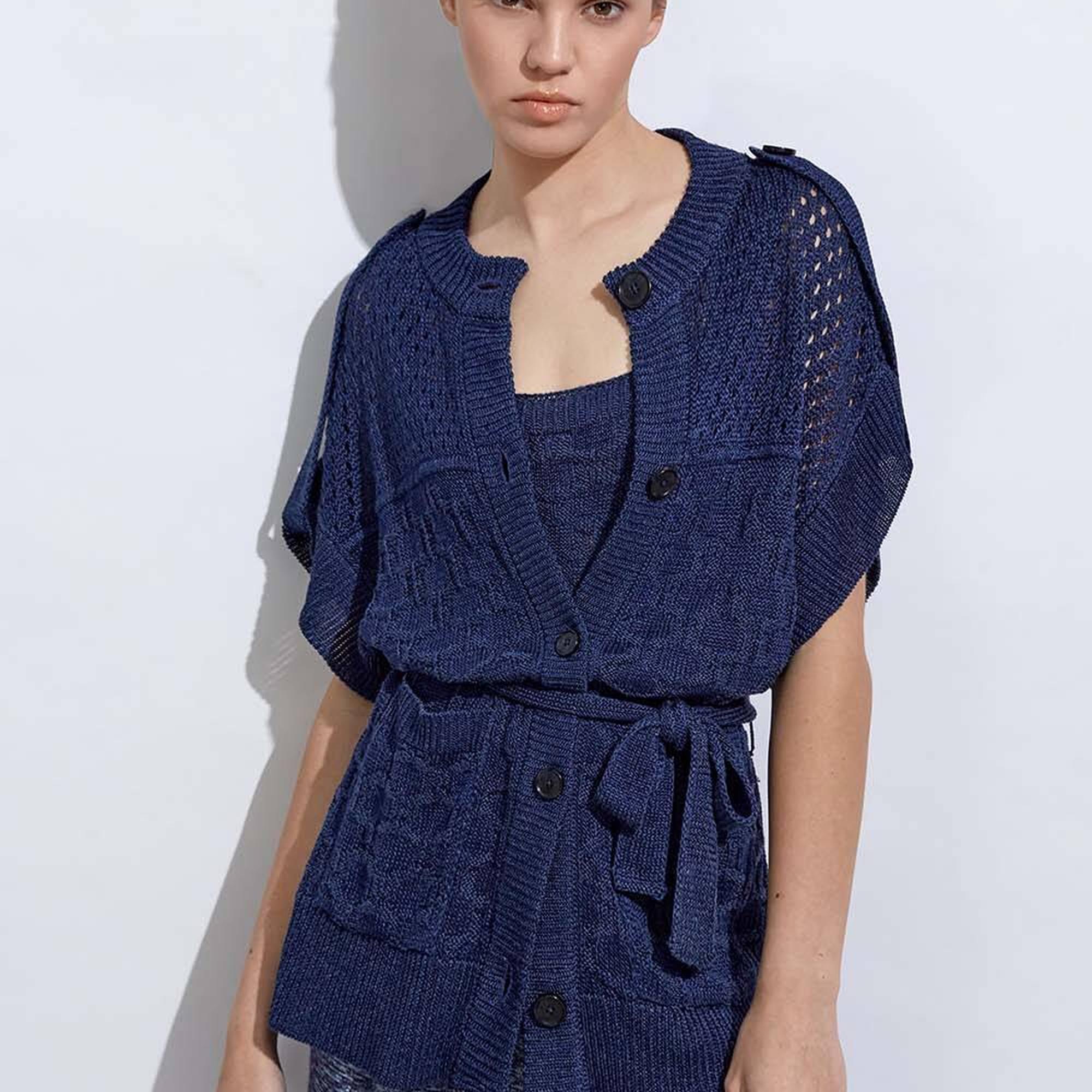 Knitss Örgü Detaylı Keten Lacivert Triko Hırka