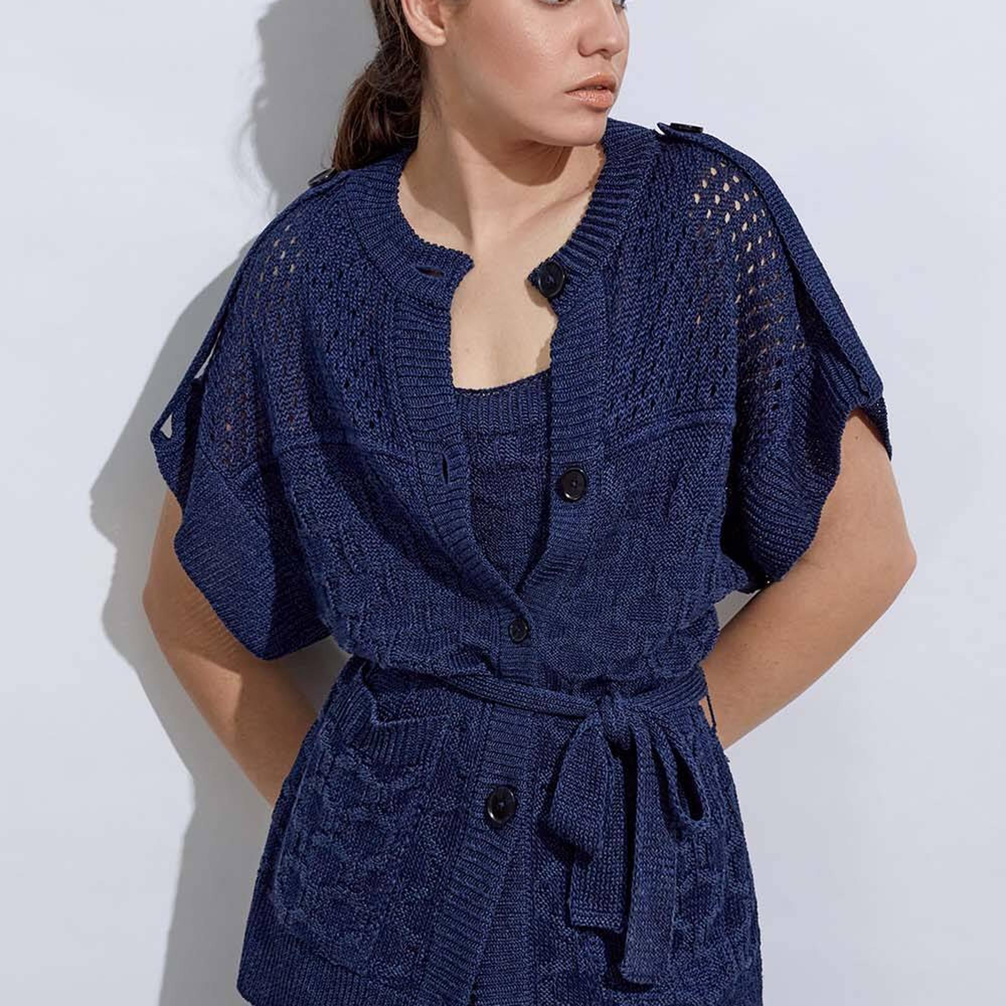 Knitss Örgü Detaylı Keten Lacivert Triko Hırka