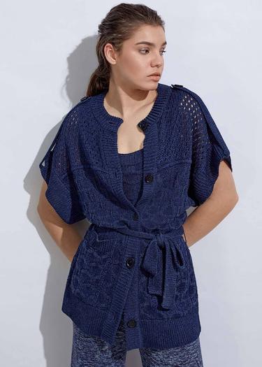 Knitss Örgü Detaylı Keten Lacivert Triko Hırka