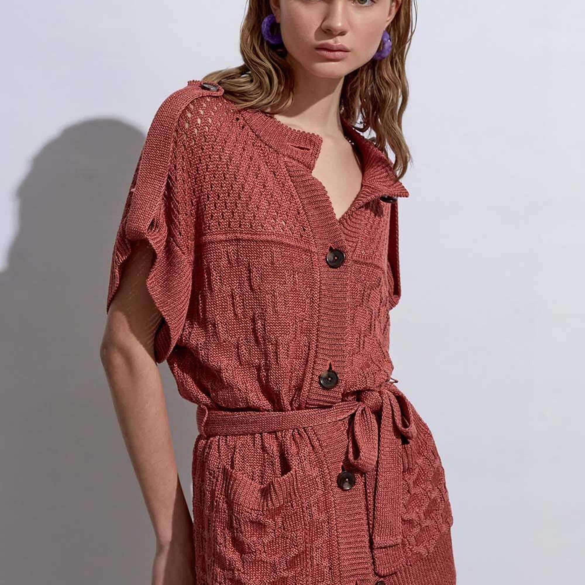 Knitss Örgü Detaylı Keten Pembe Triko Hırka