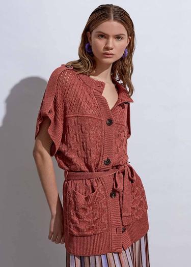  Knitss Örgü Detaylı Keten Pembe Triko Hırka