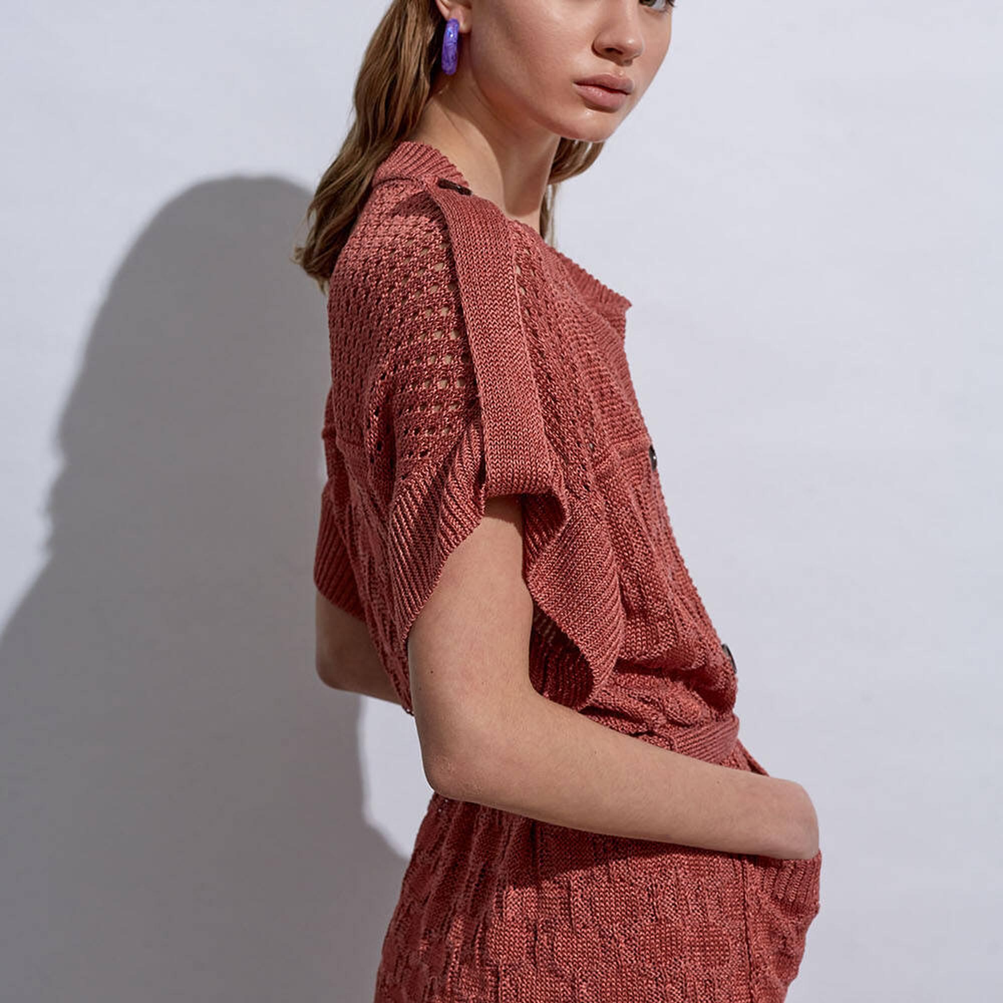 Knitss Örgü Detaylı Keten Pembe Triko Hırka