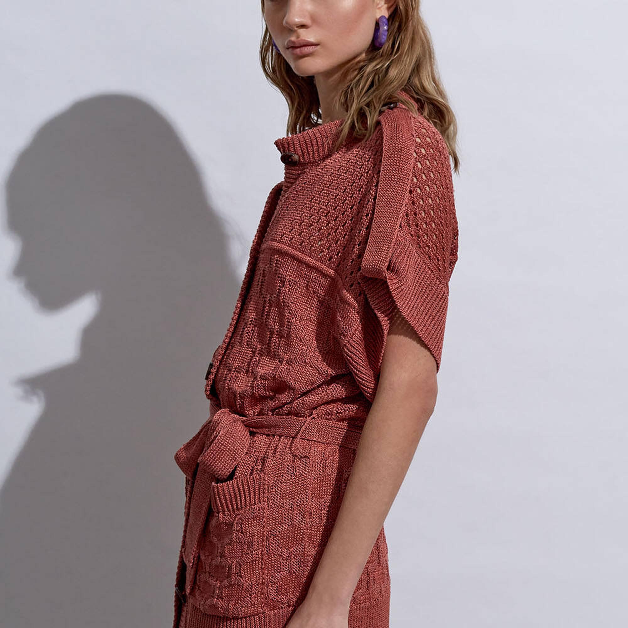 Knitss Örgü Detaylı Keten Pembe Triko Hırka