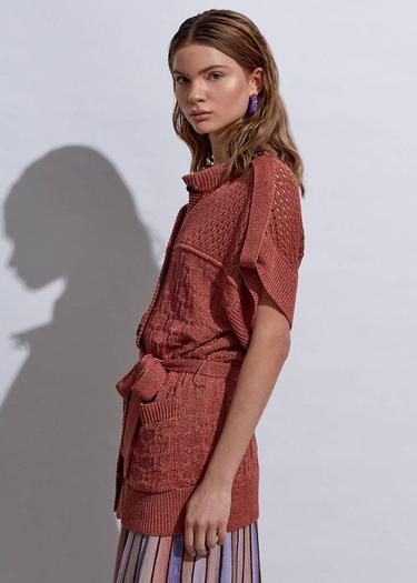  Knitss Örgü Detaylı Keten Pembe Triko Hırka