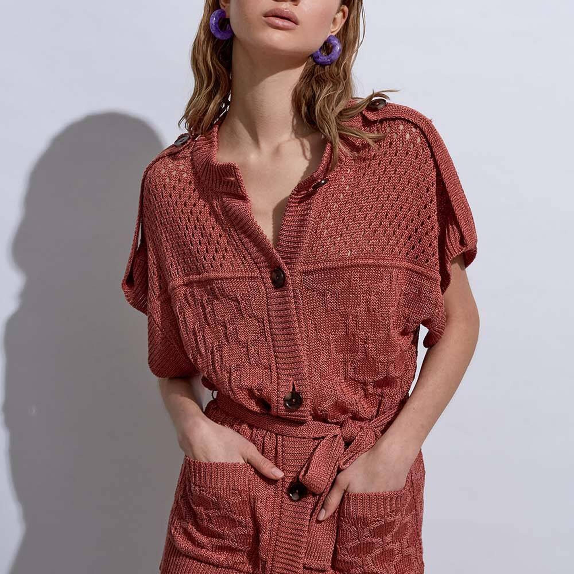 Knitss Örgü Detaylı Keten Pembe Triko Hırka