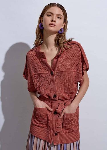  Knitss Örgü Detaylı Keten Pembe Triko Hırka