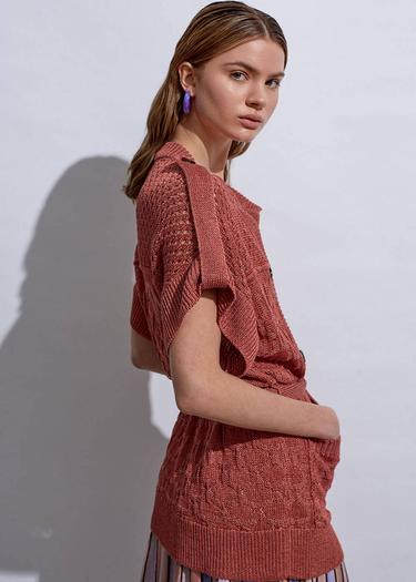  Knitss Örgü Detaylı Keten Pembe Triko Hırka