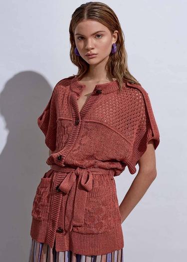  Knitss Örgü Detaylı Keten Pembe Triko Hırka