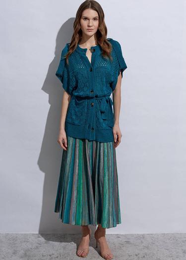  Knitss Örgü Detaylı Keten Yeşil Triko Hırka