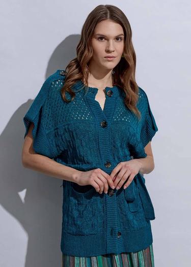  Knitss Örgü Detaylı Keten Yeşil Triko Hırka