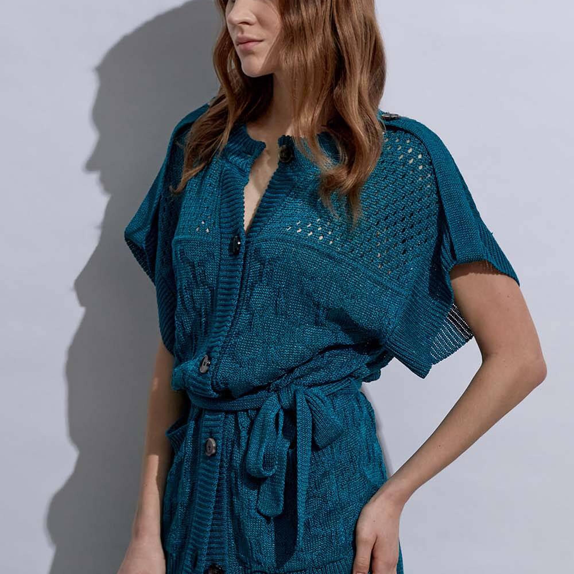 Knitss Örgü Detaylı Keten Yeşil Triko Hırka