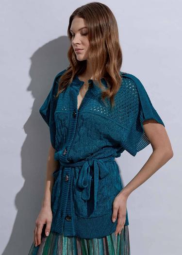  Knitss Örgü Detaylı Keten Yeşil Triko Hırka