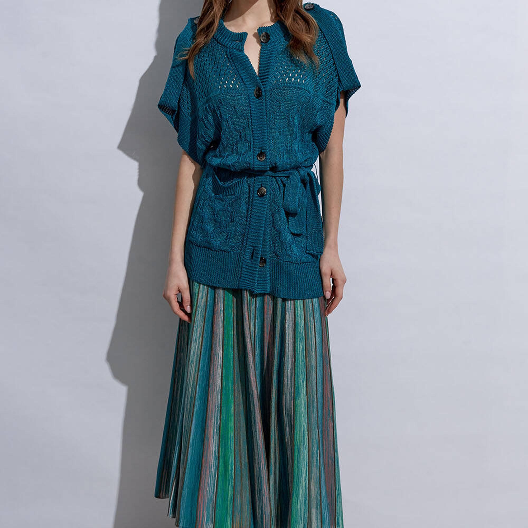 Knitss Örgü Detaylı Keten Yeşil Triko Hırka